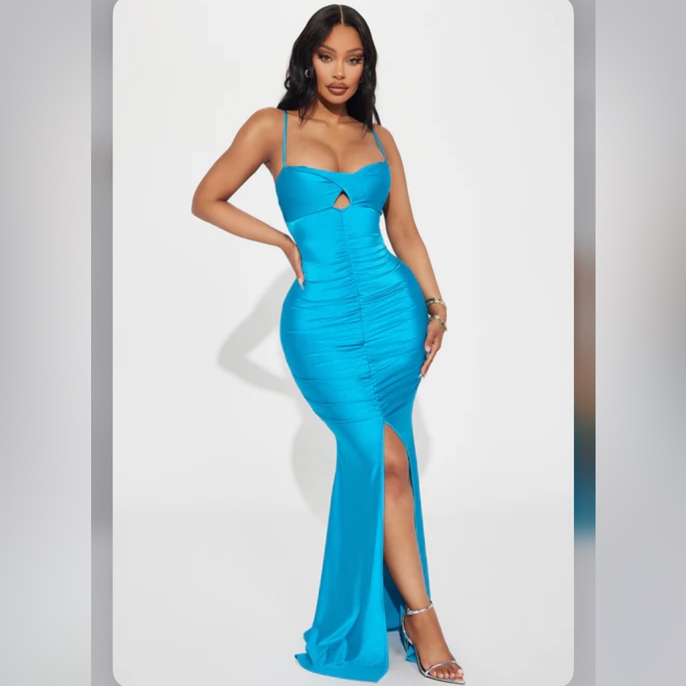 SOLD Fashion Nova Aqua Blue Ruched Bodycon Maxi Dress